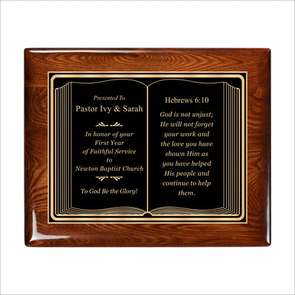 Bible Themed Walnut Gloss Plaque 10.5" X 13" / Walnut  Piano Finish / Bible / Book