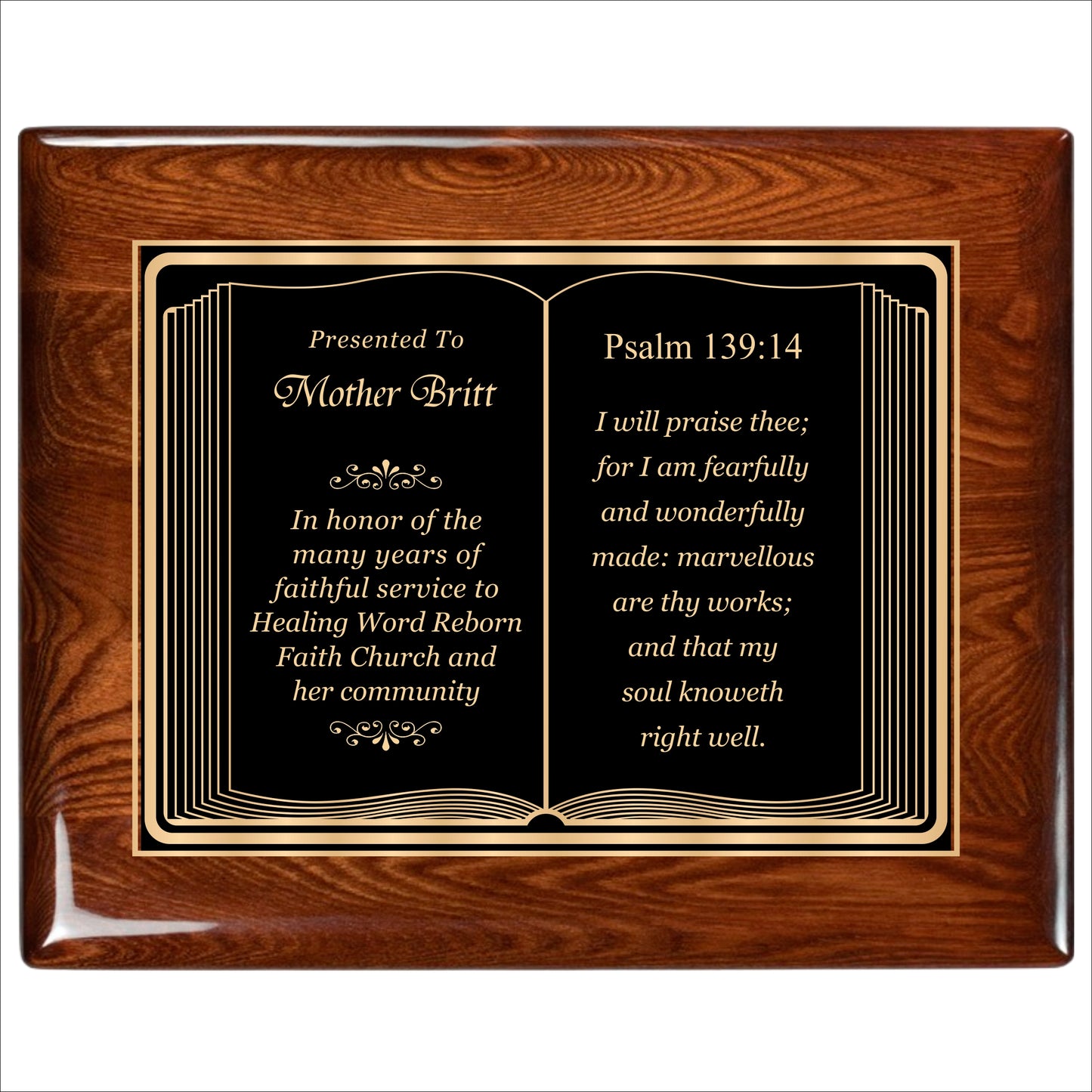 Bible Themed Walnut Gloss Plaque 12" X 15" / Walnut  Piano Finish / Bible / Book