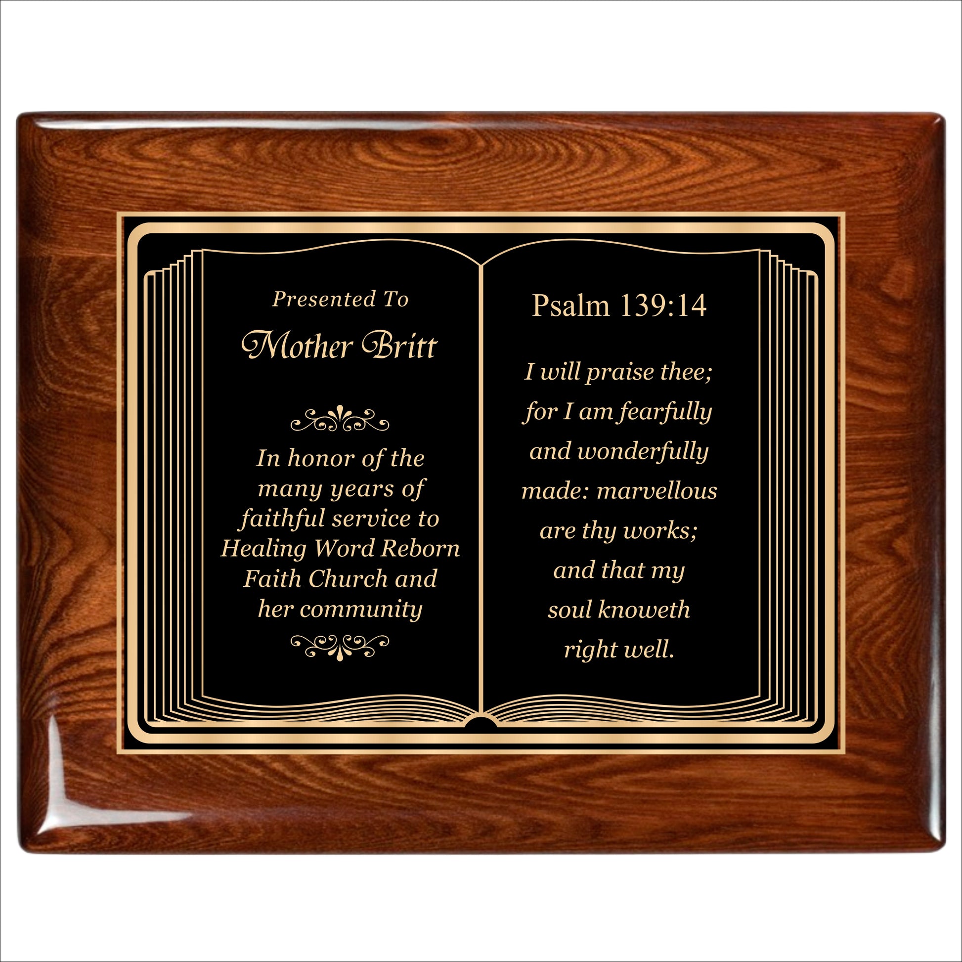 Bible Themed Walnut Gloss Plaque 12" X 15" / Walnut  Piano Finish / Bible / Book