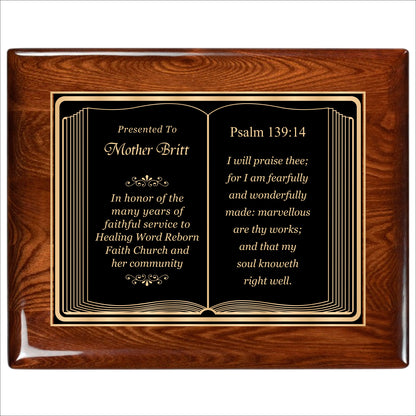Bible Themed Walnut Gloss Plaque 12" X 15" / Walnut  Piano Finish / Bible / Book
