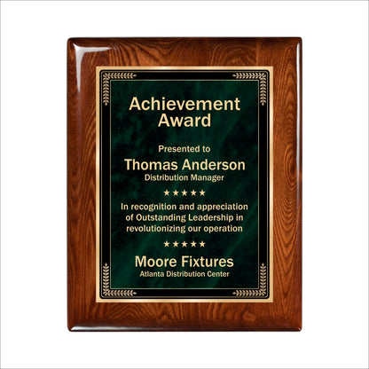 Designer Green Marble Walnut Gloss Plaque 8" X 10 / Walnut  Piano Finish / Marble Mist Green