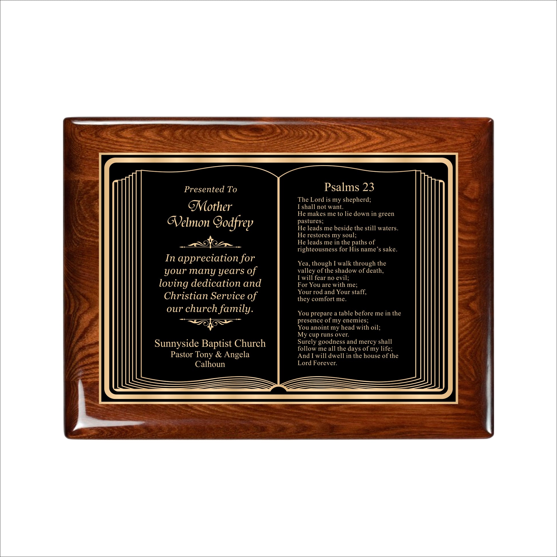 Bible Themed Walnut Gloss Plaque 9" X 12" / Walnut  Piano Finish / Bible / Book