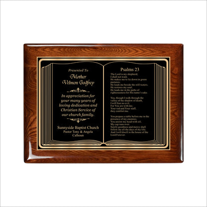 Bible Themed Walnut Gloss Plaque 9" X 12" / Walnut  Piano Finish / Bible / Book