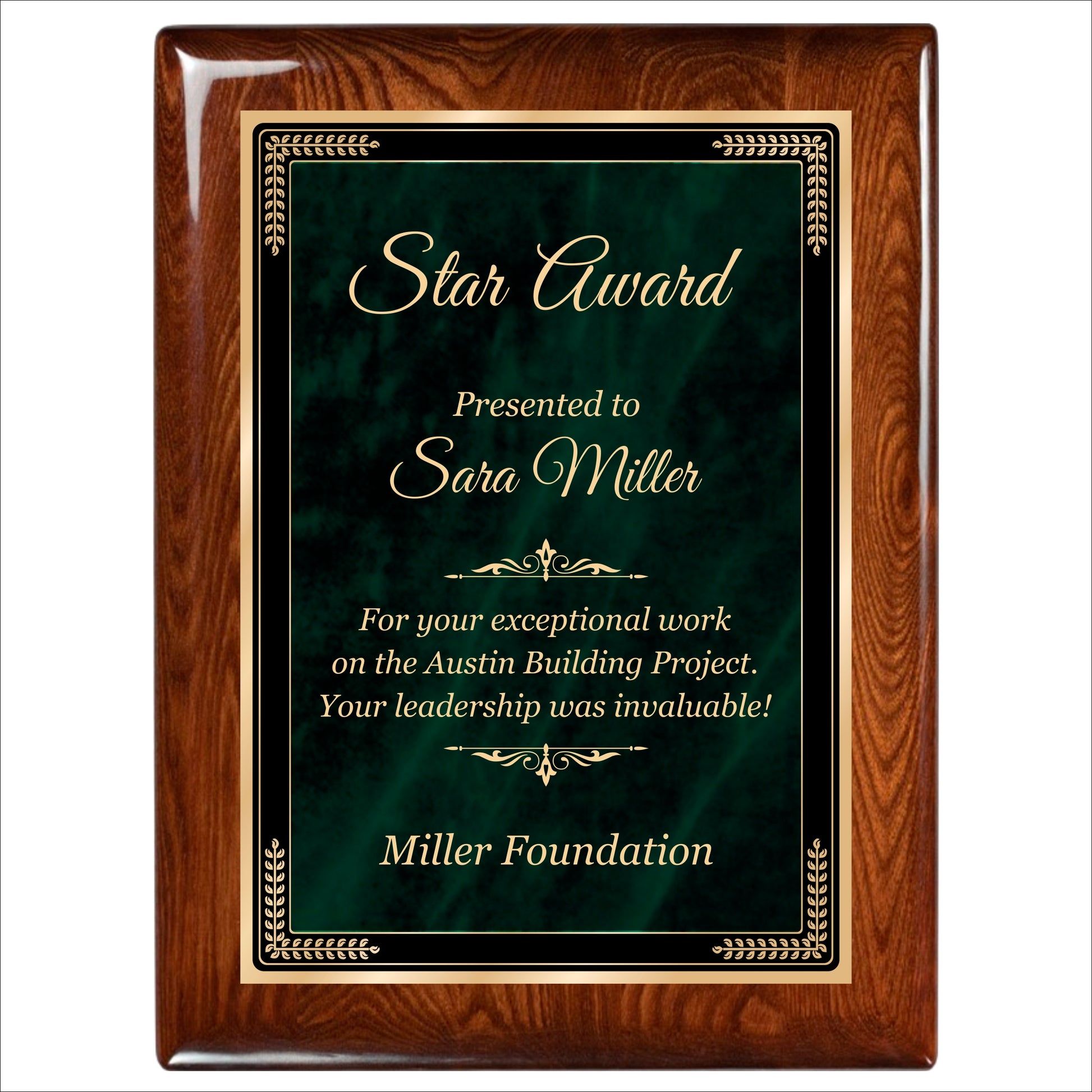 Designer Green Marble Walnut Gloss Plaque 9" X 12" / Walnut  Piano Finish / Marble Mist Green