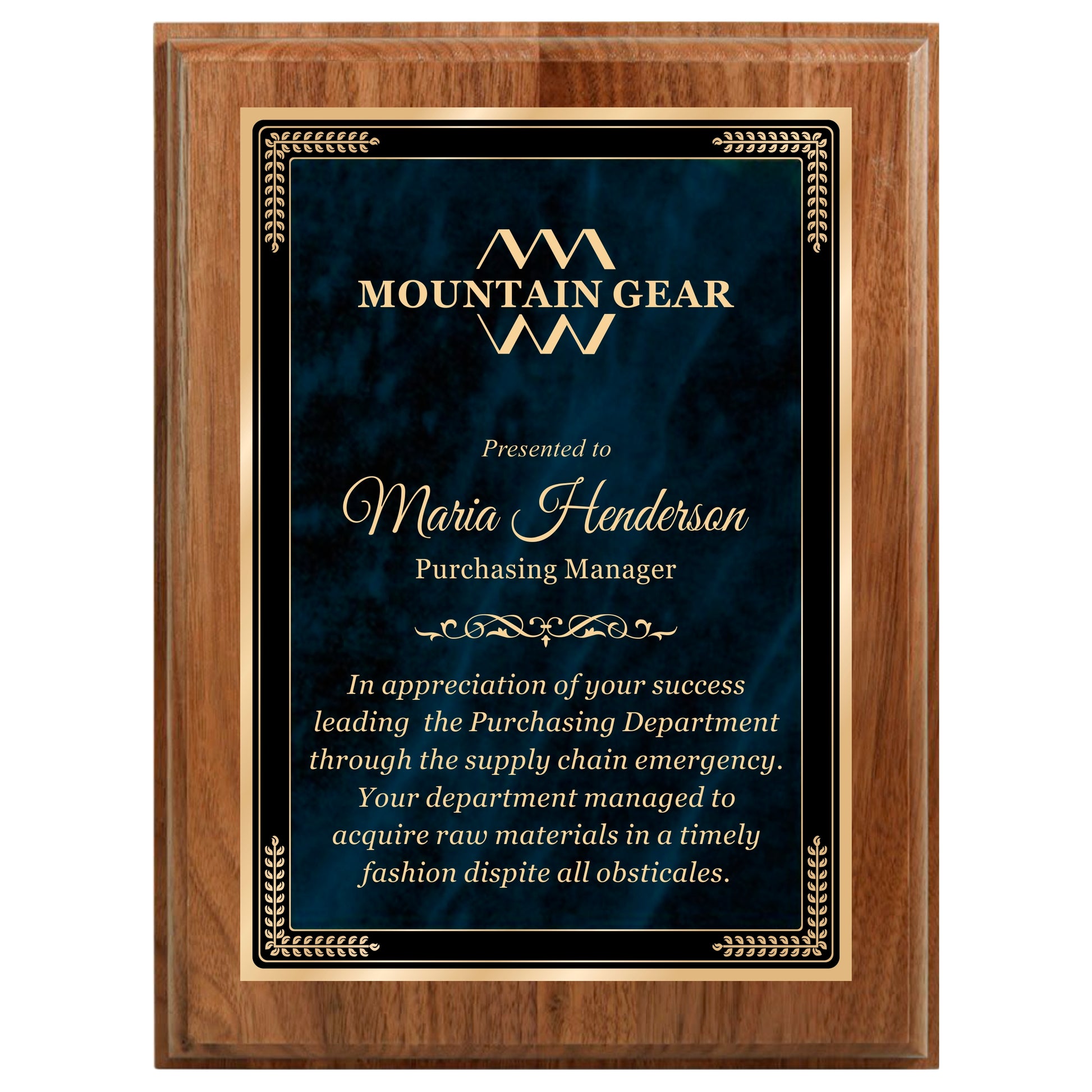 Designer Blue Marble Walnut Plaque 9" X 12" / Walnut / Marble Mist Blue