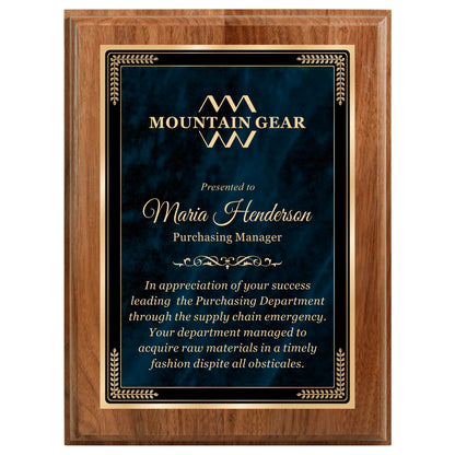 Designer Blue Marble Walnut Plaque 9" X 12" / Walnut / Marble Mist Blue