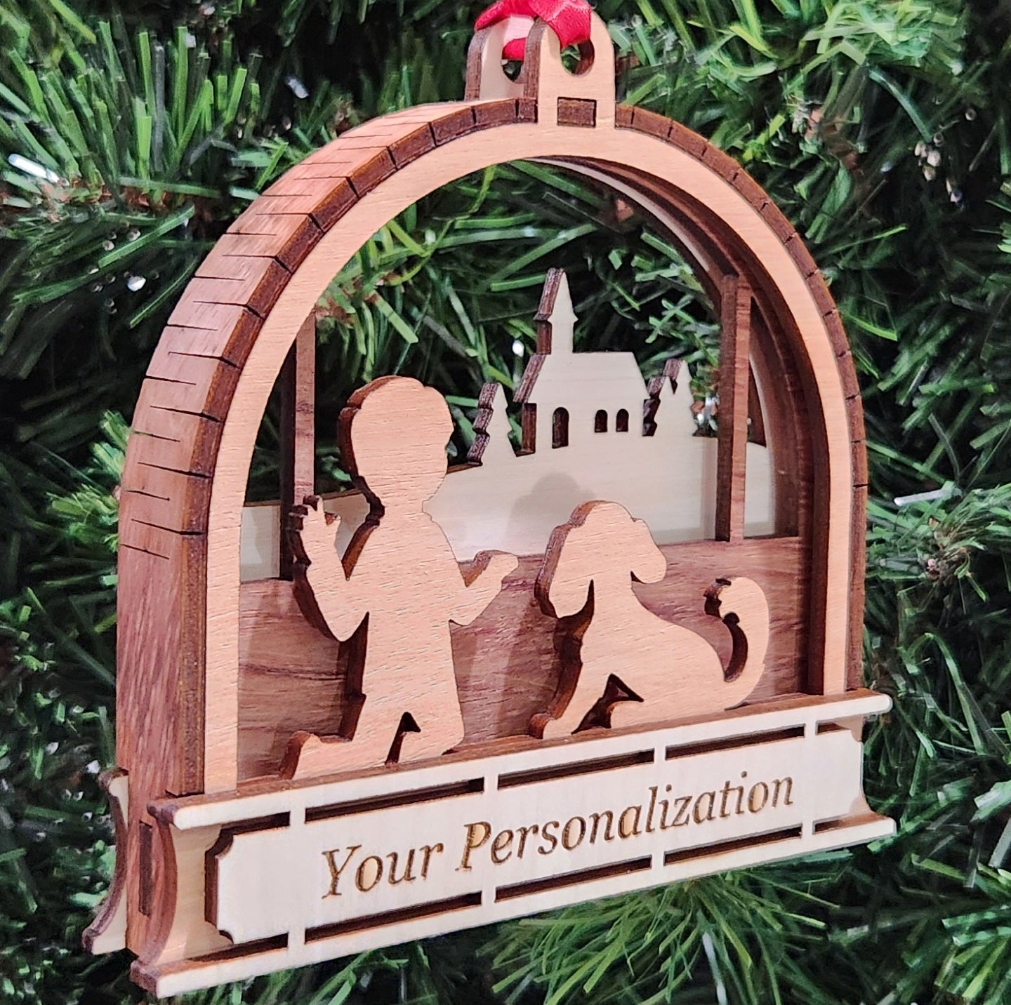 Wood 3D Boy With Dog Ornament 4.25" / Wood