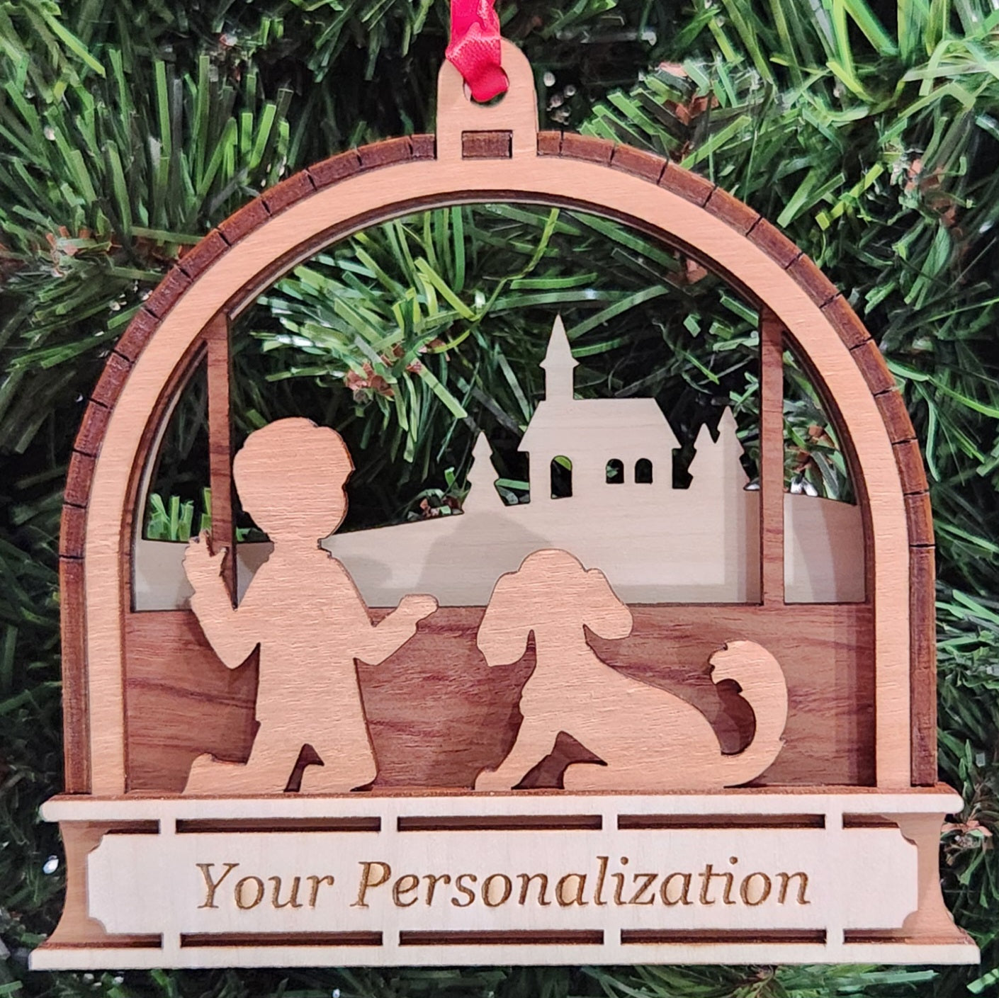 Wood 3D Boy With Dog Ornament 4.25" / Wood