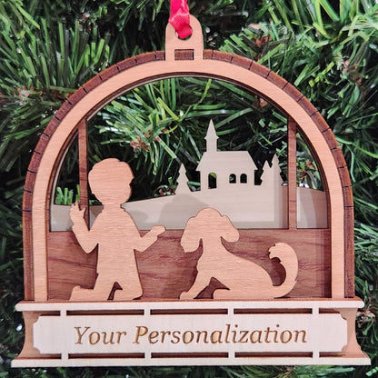 Wood 3D Boy With Dog Ornament 4.25" / Wood