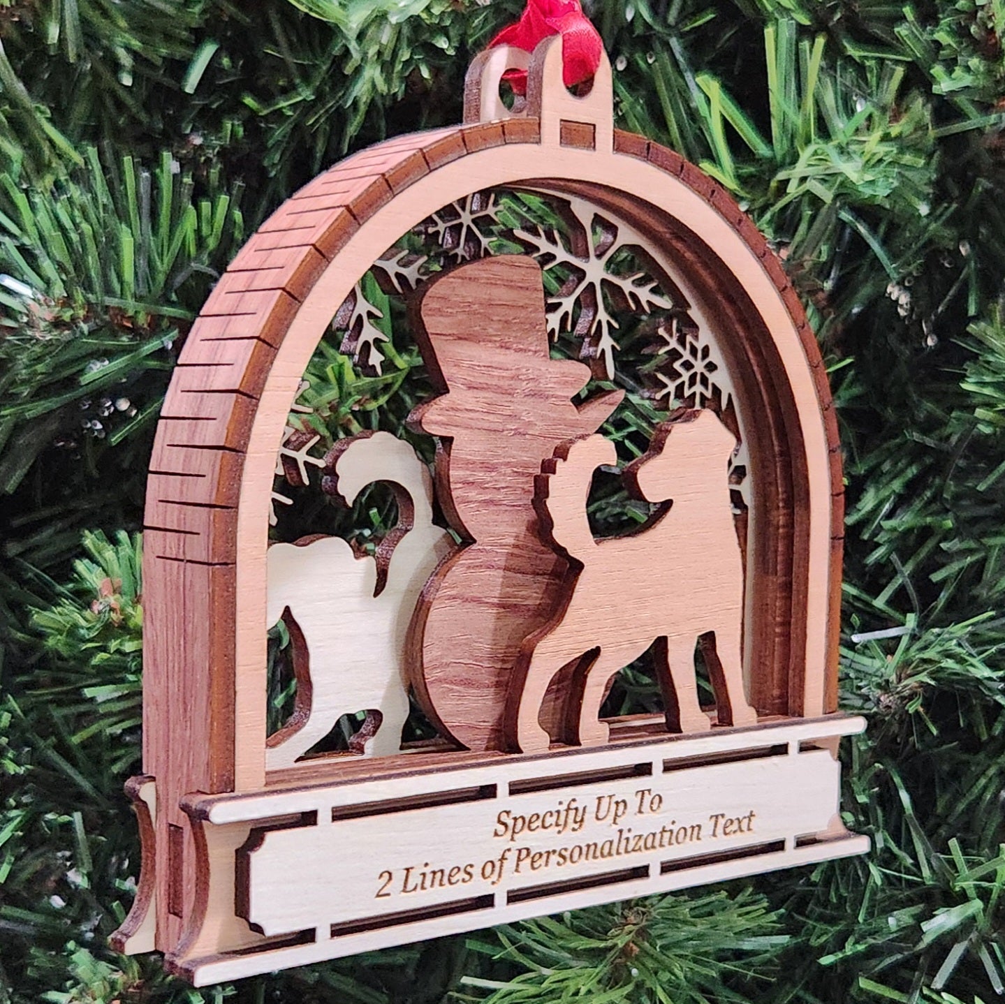 Wood 3D Dogs and Snowman Ornament 4.25" / Wood