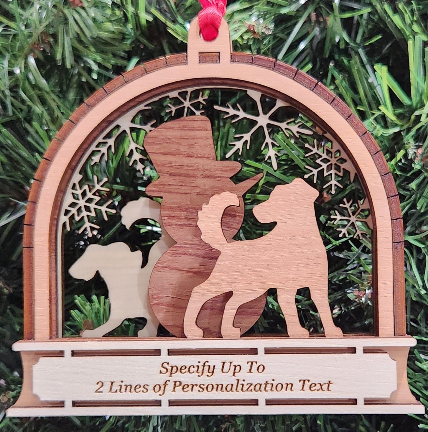 Wood 3D Dogs and Snowman Ornament 4.25" / Wood