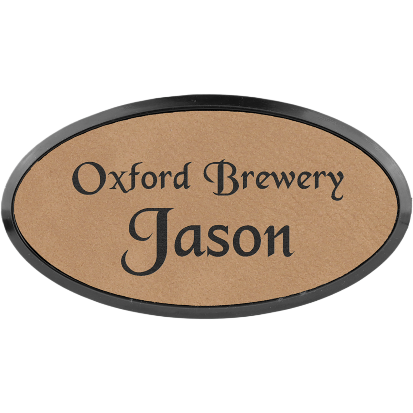 Leatherette Framed Name Badge 1.5"x3" - Oval / Light Brown