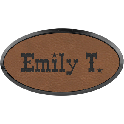 Leatherette Framed Name Badge 1.5"x3" - Oval / Dark Brown