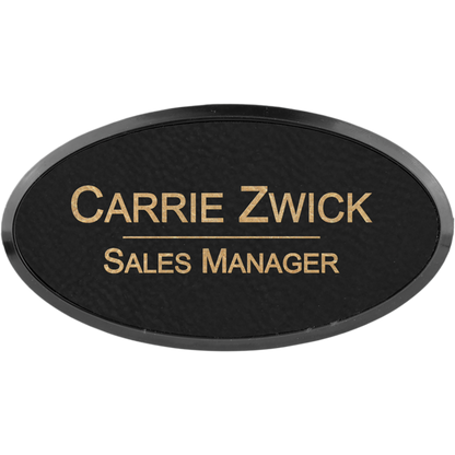Leatherette Framed Name Badge 1.5"x3" - Oval / Black/Gold