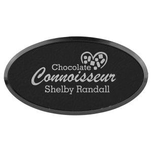 Leatherette Name Badge 1.5"x3" Oval / Black/Silver