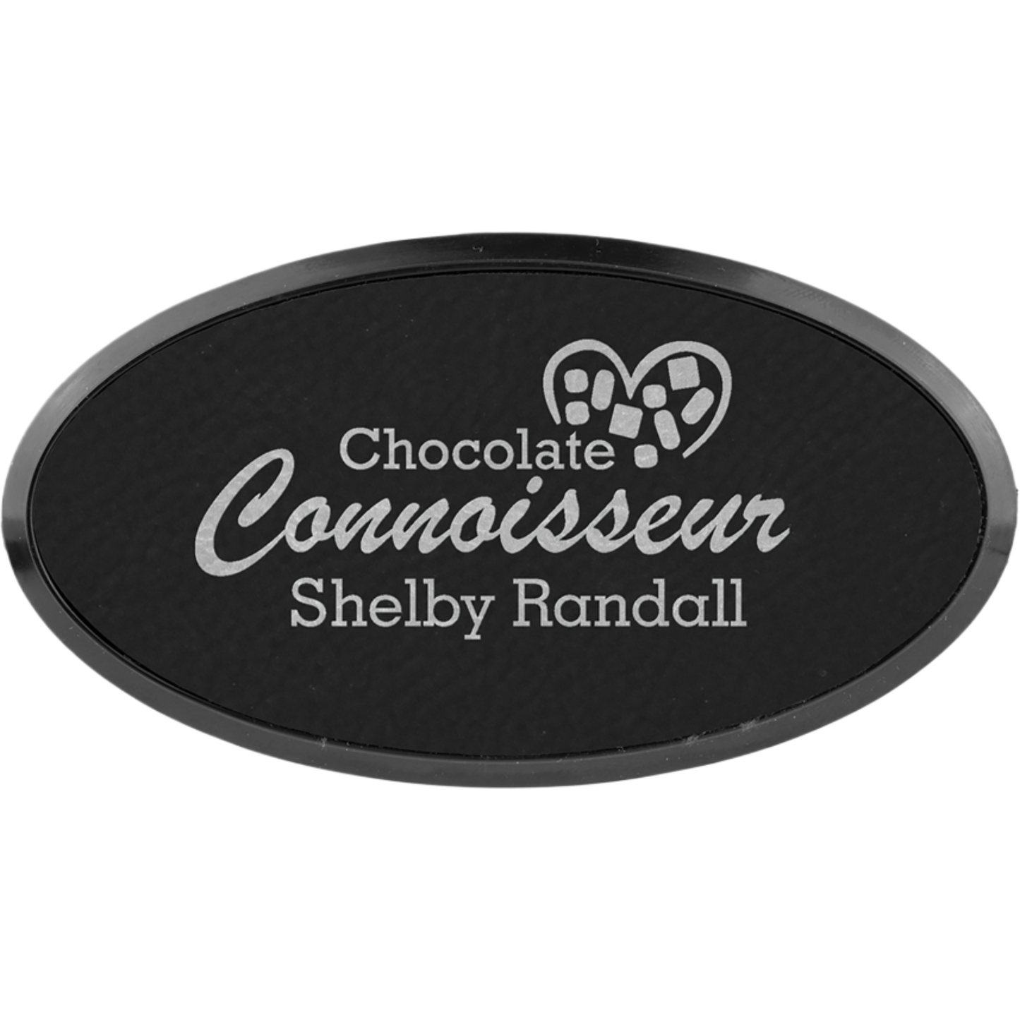 Leatherette Framed Name Badge 1.5"x3" - Oval / Black/Silver