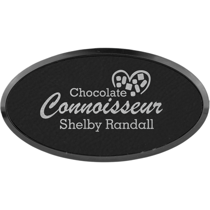 Leatherette Framed Name Badge 1.5"x3" - Oval / Black/Silver