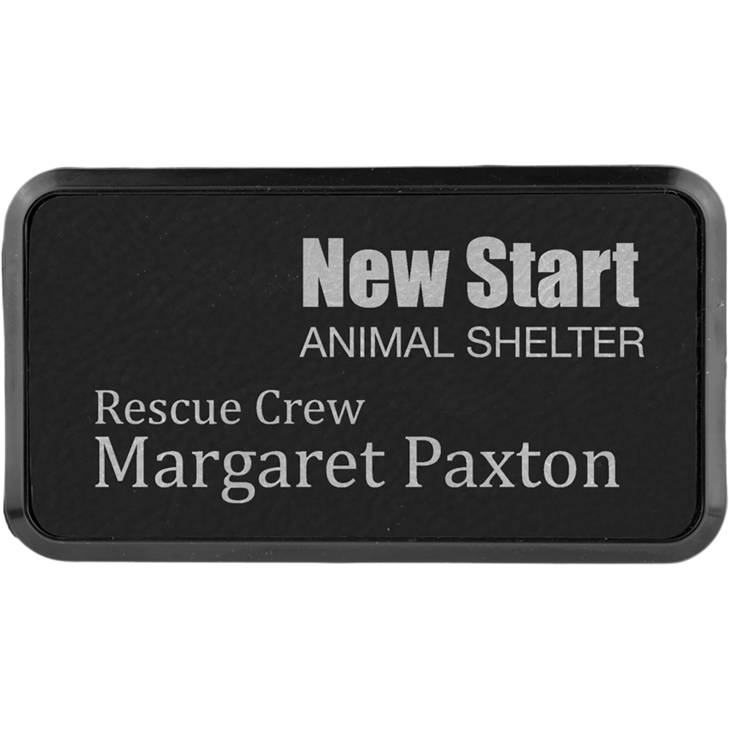 Leatherette Framed Name Badge 1.5"x3" / Black/Silver