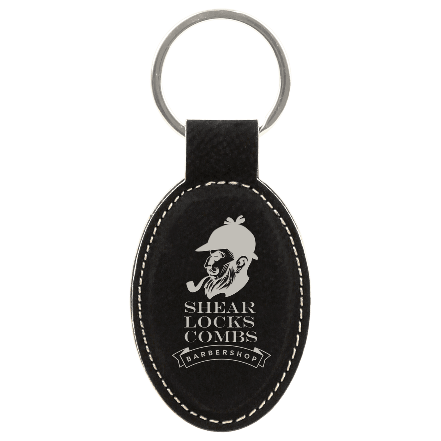 Leatherette Oval Keychain 3" x 1.75" / Black/Silver