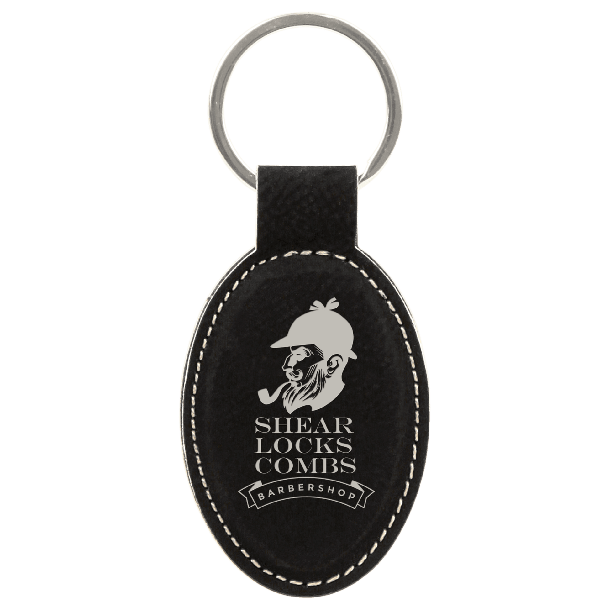 Leatherette Oval Keychain 3" x 1.75" / Black/Silver