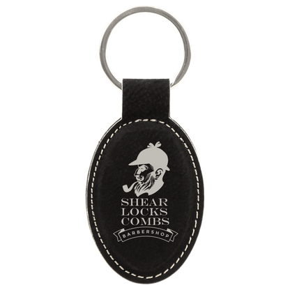 Leatherette Oval Keychain 3" x 1.75" / Black/Silver