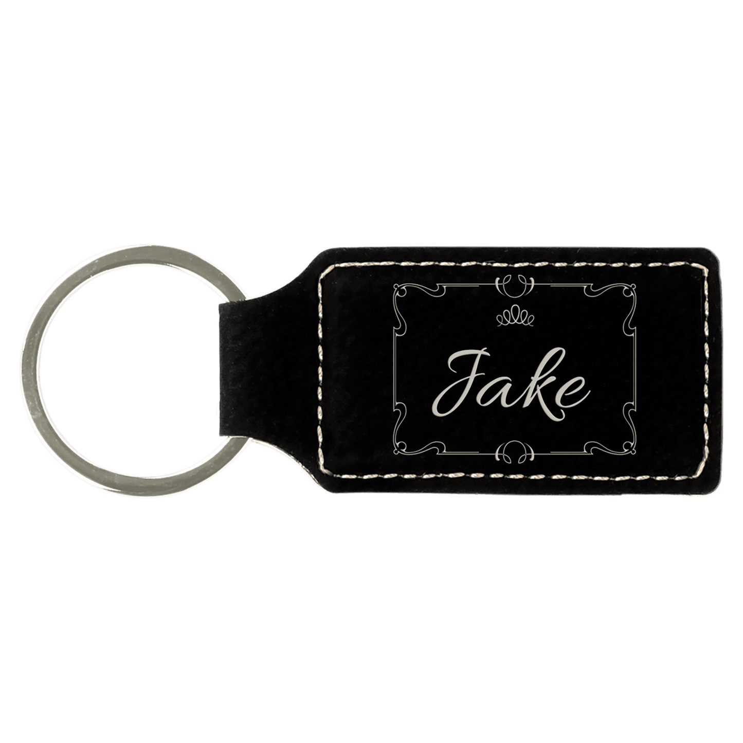 Leatherette Rectangle Keychain 2.75" x 1.25" / Black/Silver