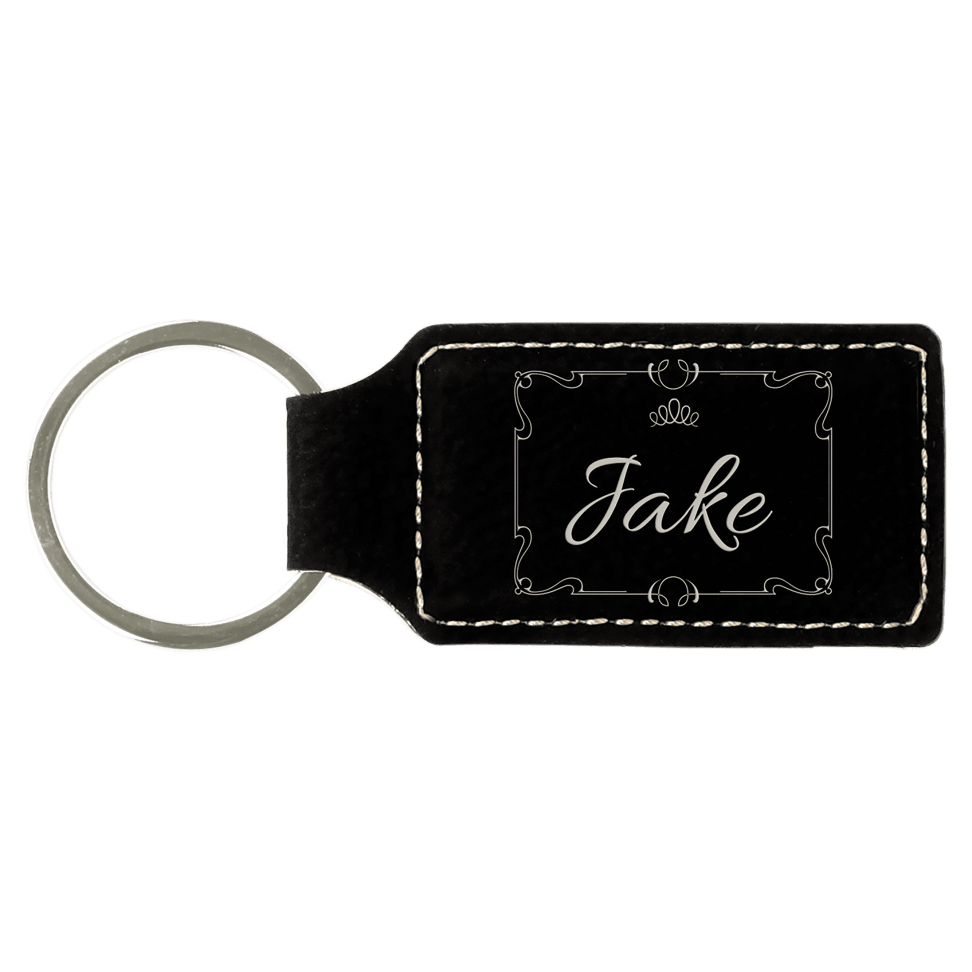 Leatherette Rectangle Keychain 2.75" x 1.25" / Black/Silver