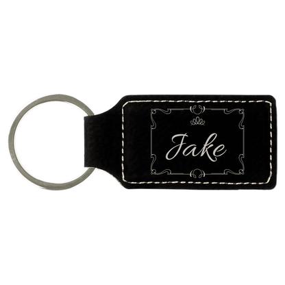 Leatherette Rectangle Keychain 2.75" x 1.25" / Black/Silver