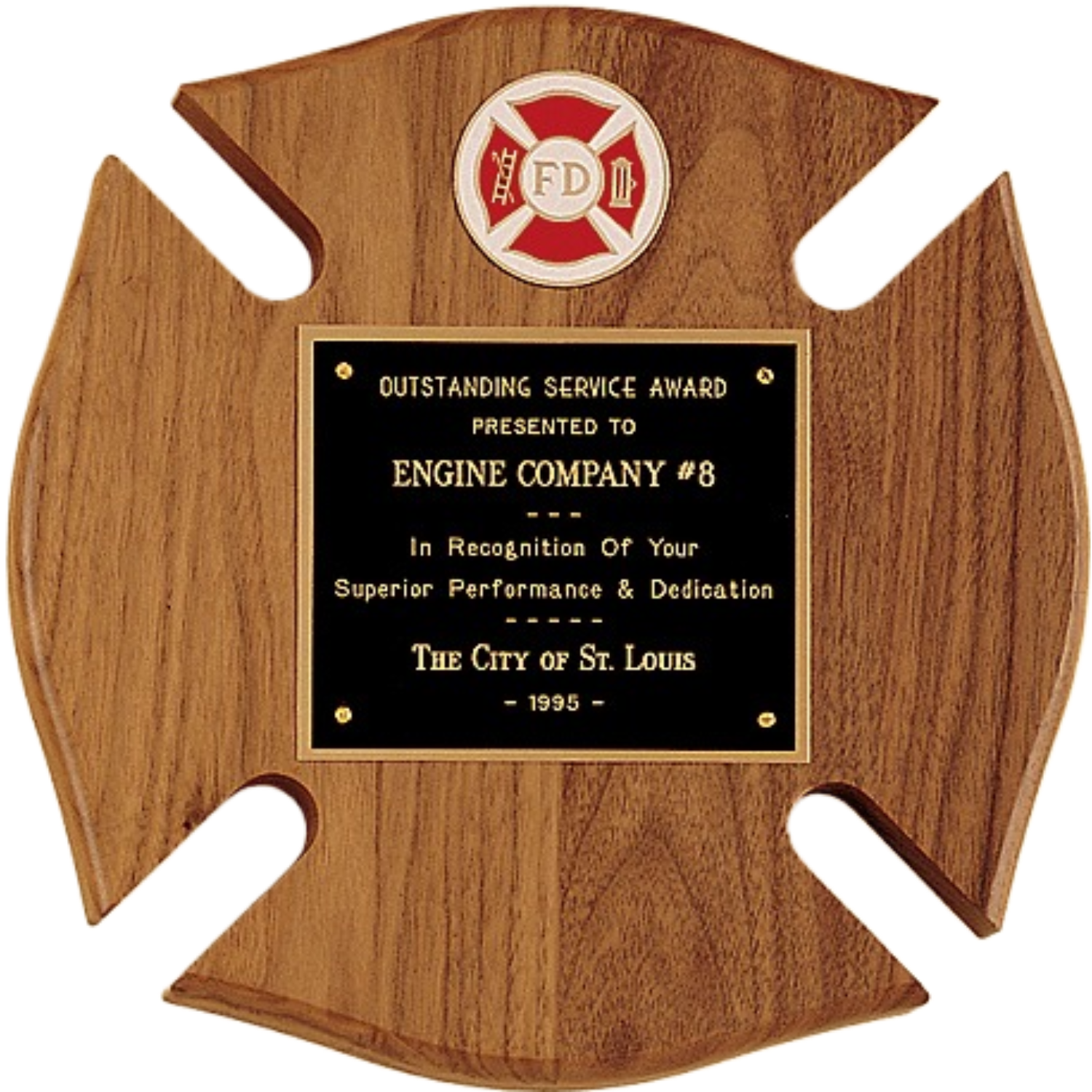 Maltese Cross Fireman Plaque 10" x 10" / Walnut