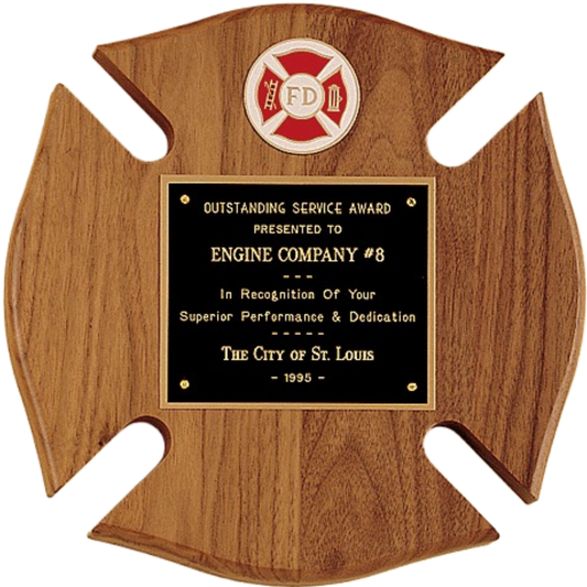 Maltese Cross Fireman Plaque 10" x 10" / Walnut
