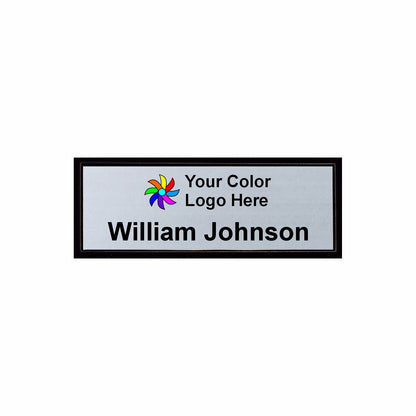 Imprinted Black Framed Name Badge 1"x3" / Silver