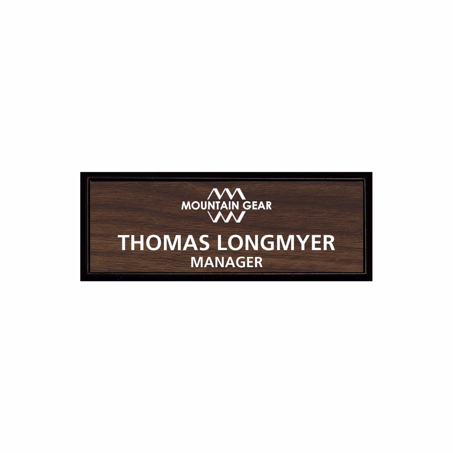 Plastic Black Framed Name Badge 1"x3" / Walnut/White