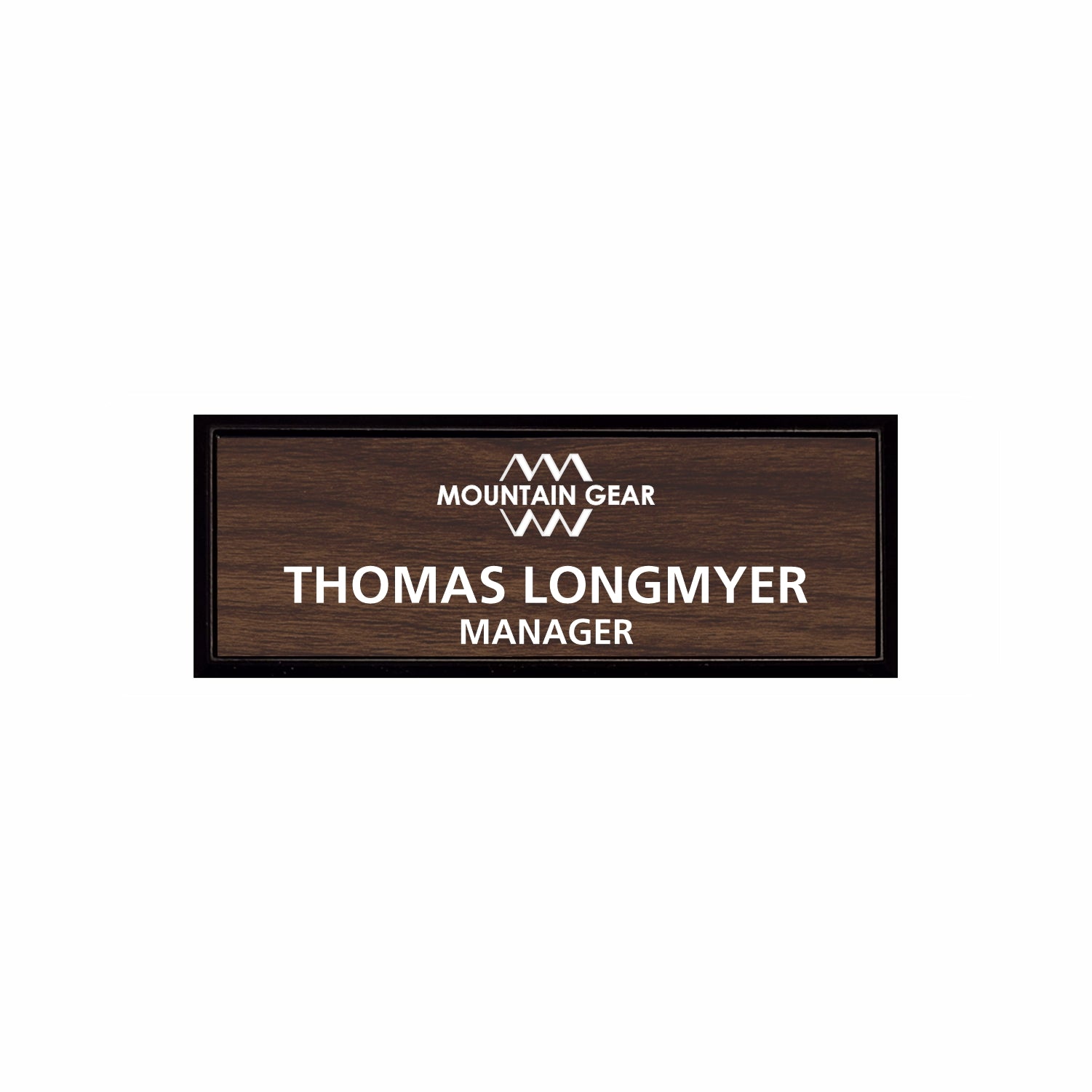 Plastic Black Framed Name Badge 1"x3" / Walnut/White