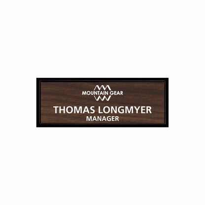 Plastic Black Framed Name Badge 1"x3" / Walnut/White