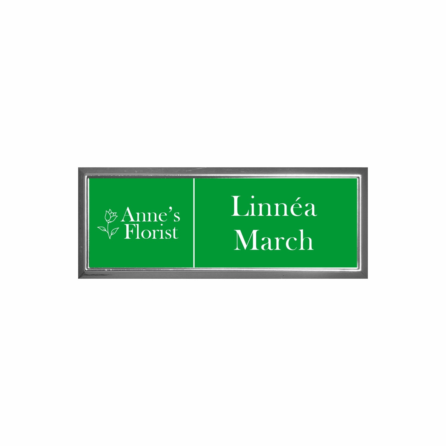 Plastic Silver Framed Name Badge 1"x3" / Green/White