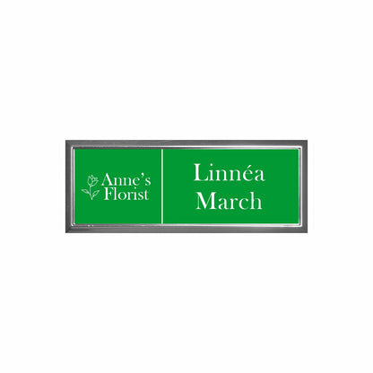 Plastic Silver Framed Name Badge 1"x3" / Green/White