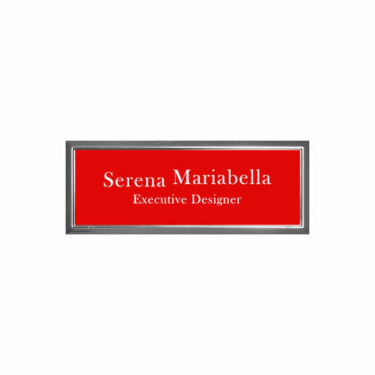 Plastic Silver Framed Name Badge 1"x3" / Red/White