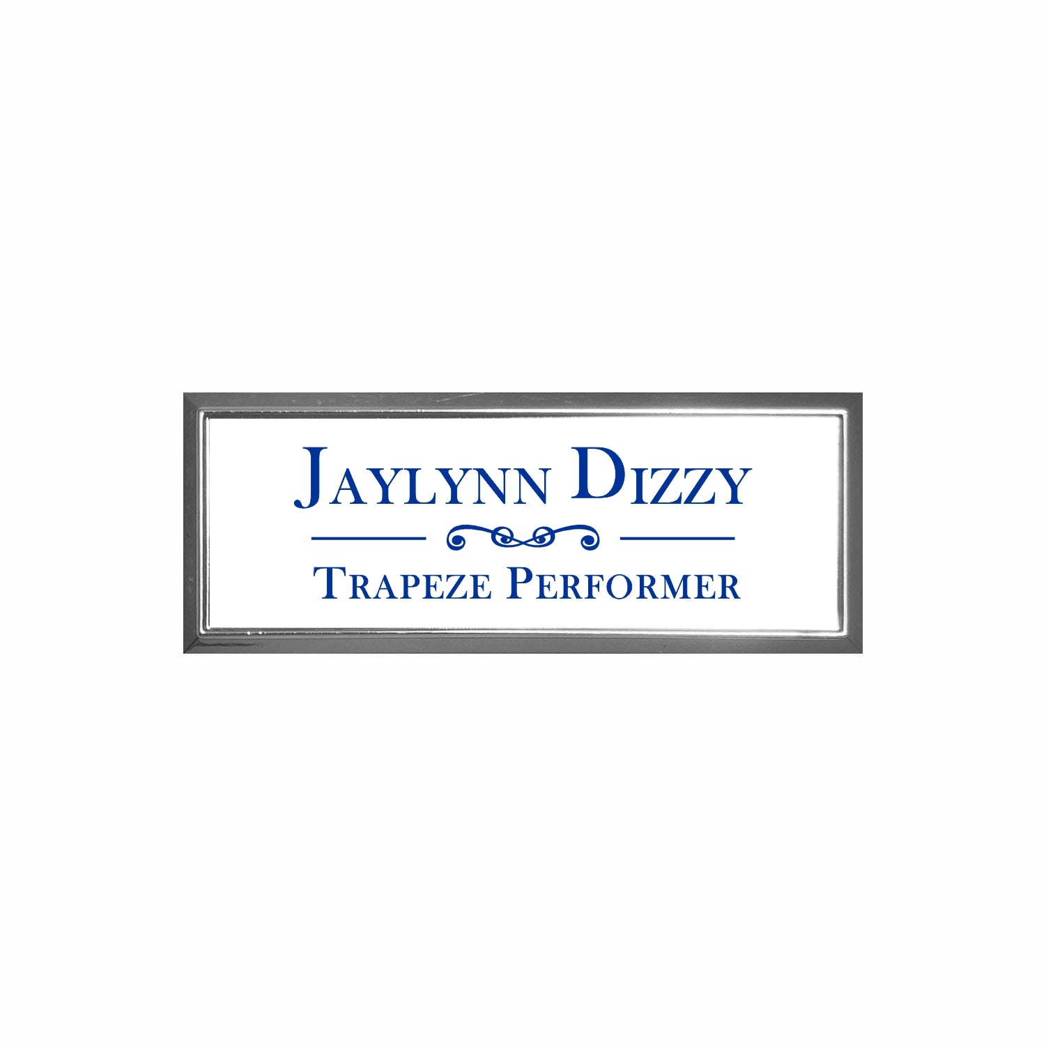 Plastic Silver Framed Name Badge 1"x3" / White/Blue