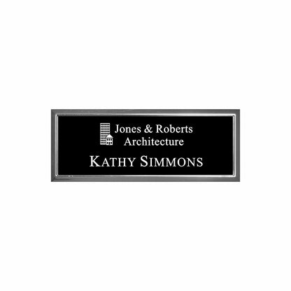 Plastic Silver Framed Name Badge 1"x3" / Black/White