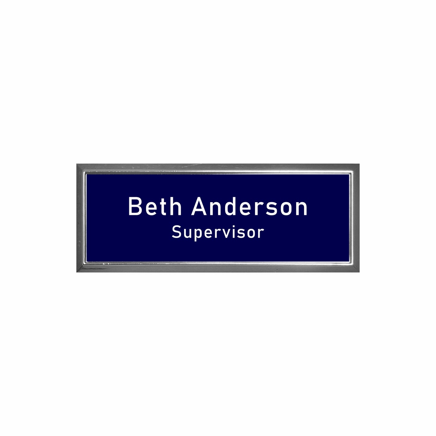Plastic Silver Framed Name Badge 1"x3" / Navy/White