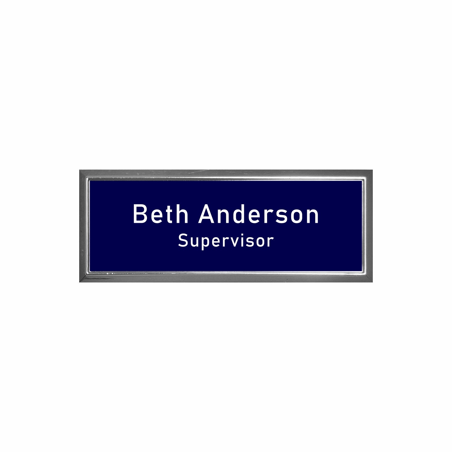 Plastic Silver Framed Name Badge 1"x3" / Navy/White