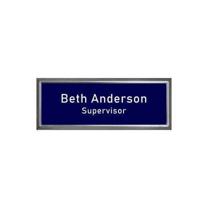 Plastic Silver Framed Name Badge 1"x3" / Navy/White