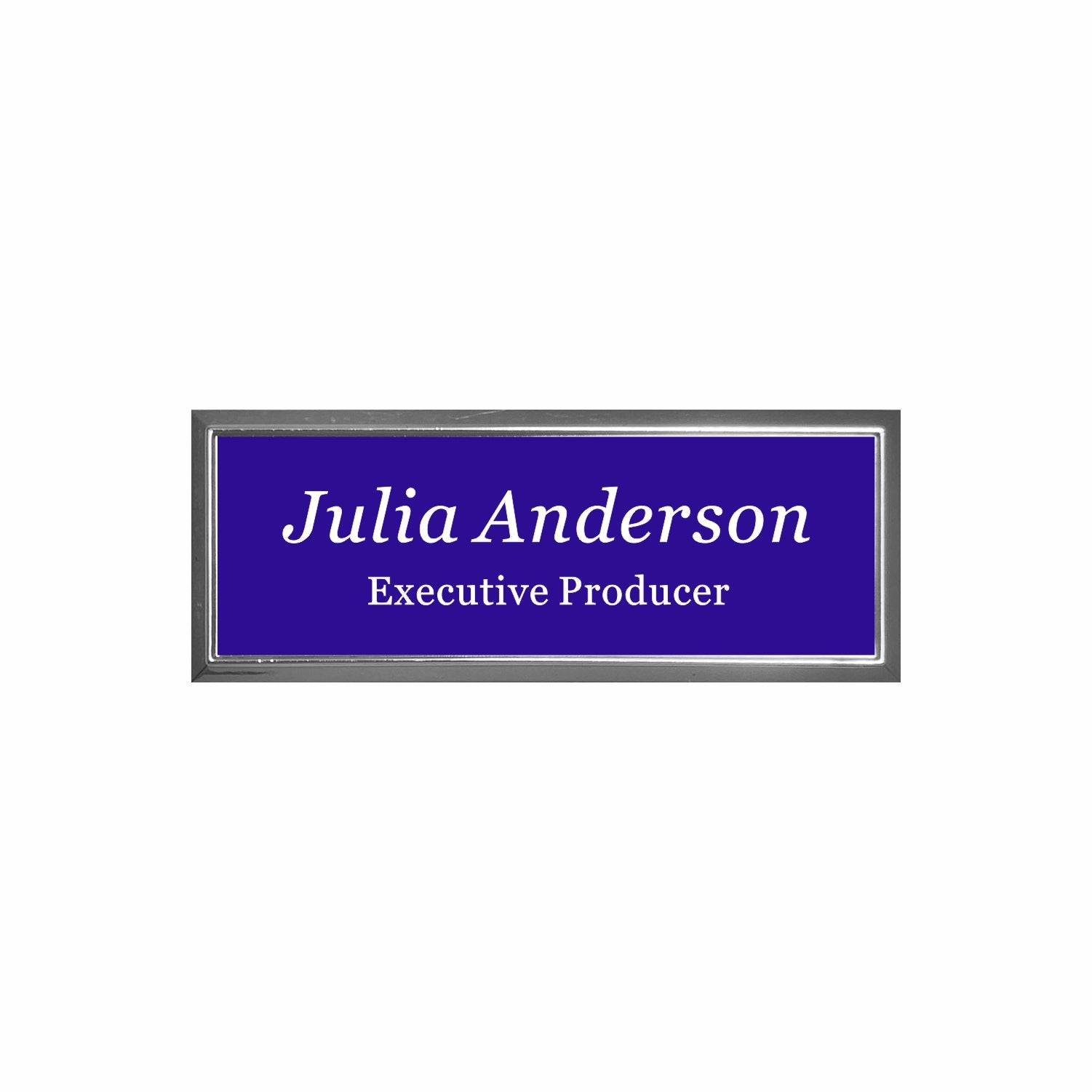 Plastic Silver Framed Name Badge 1"x3" / Purple/White