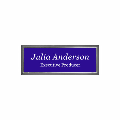 Plastic Silver Framed Name Badge 1"x3" / Purple/White