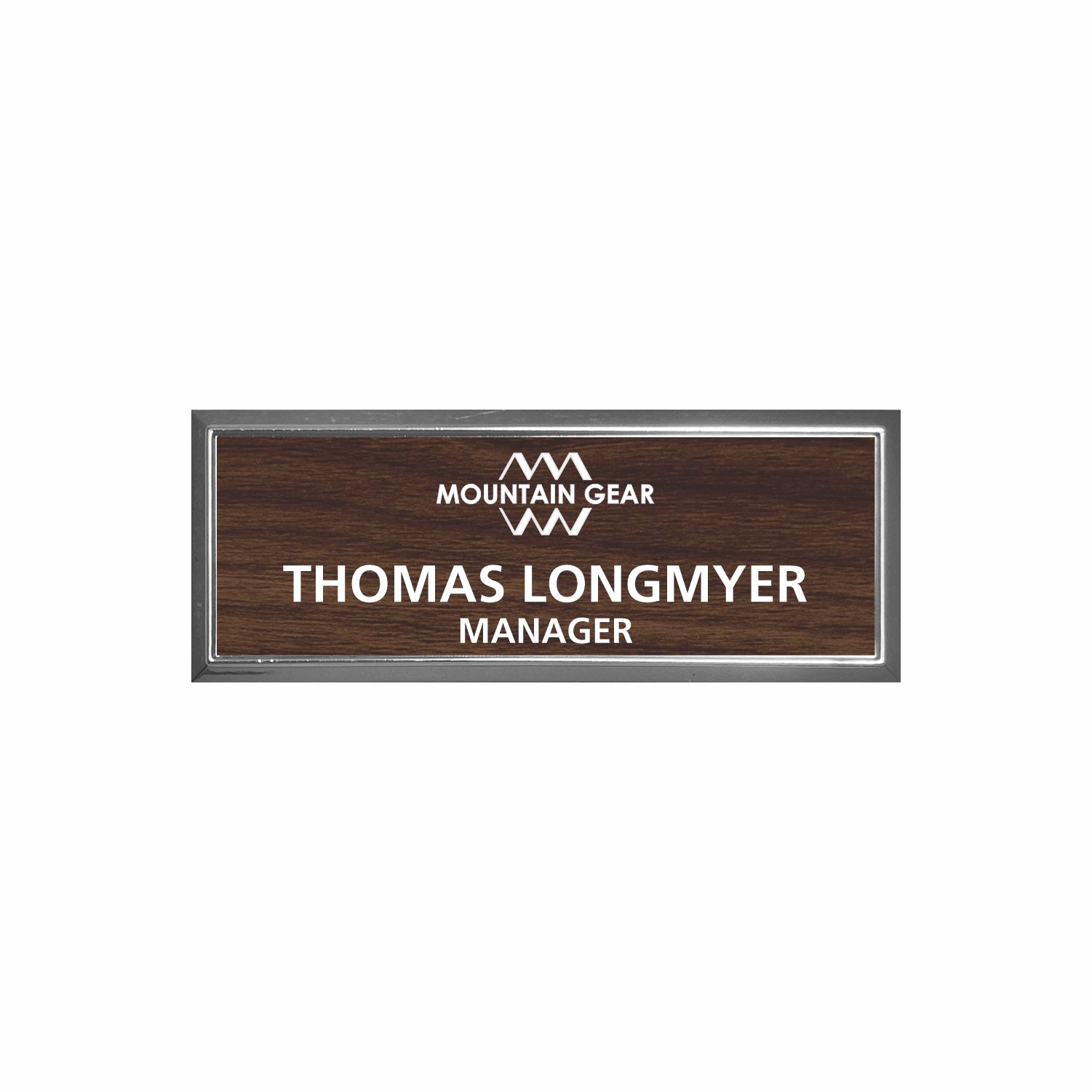 Plastic Silver Framed Name Badge 1"x3" / Walnut/White