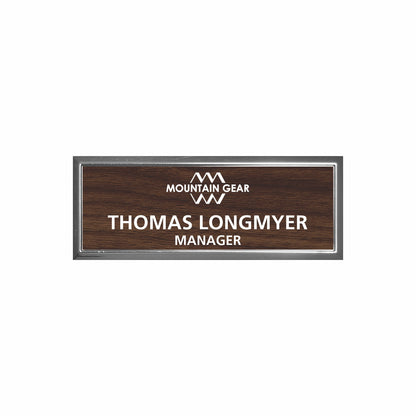 Plastic Silver Framed Name Badge 1"x3" / Walnut/White