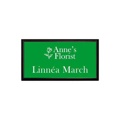 Plastic Black Framed Name Badge 1.5"x3" / Green/White