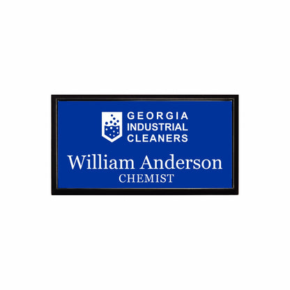 Plastic Black Framed Name Badge 1.5"x3" / Blue/White