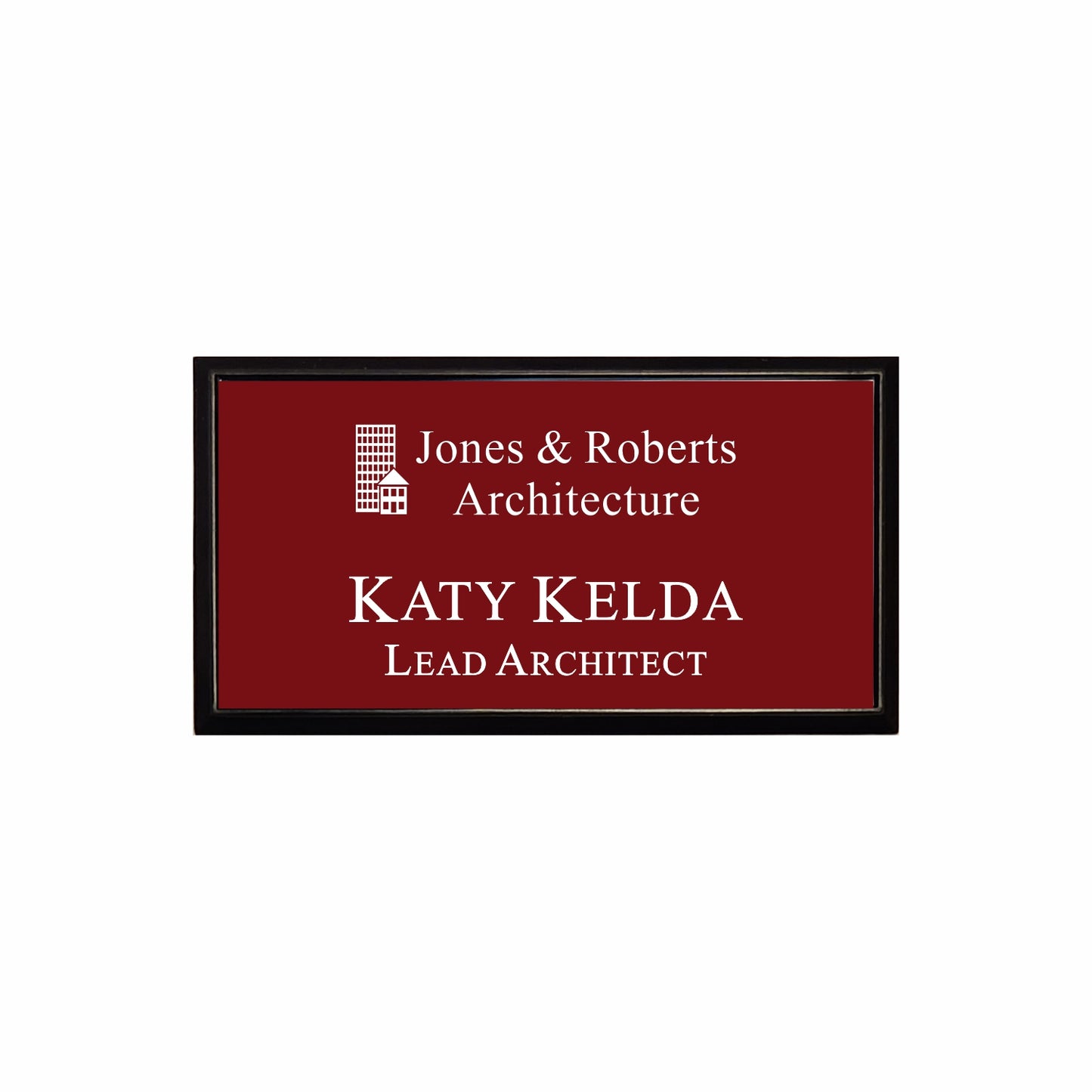 Plastic Black Framed Name Badge 1.5"x3" / Burgandy/White