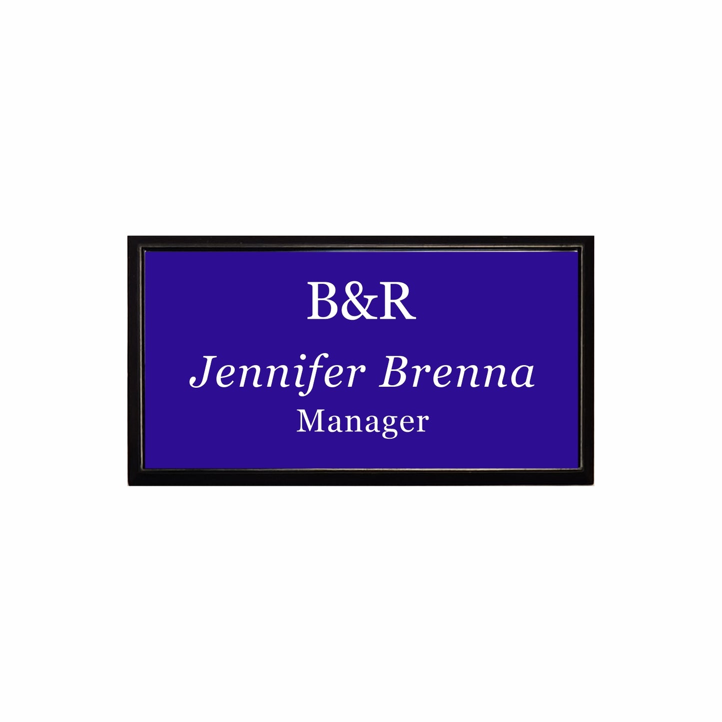 Plastic Black Framed Name Badge 1.5"x3" / Purple/White